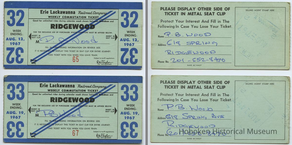 front and back: two 1967 Erie Lackawanna weekly commutation tickets