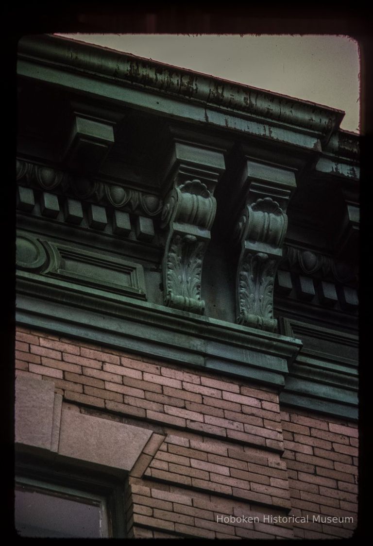 Color slide of detail view of cornice, brackets, dentils, frieze and window head at 708 or 712 Willow between 7th and 8th picture number 1