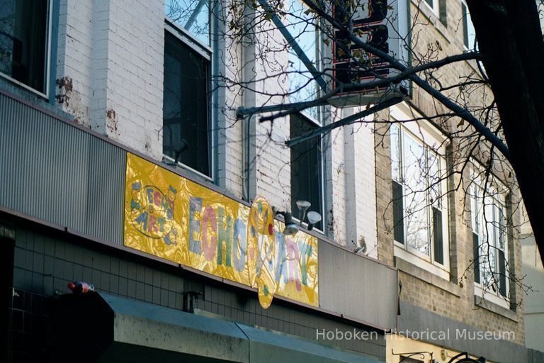 Color photo of hanging sign for Hoboken Furniture and wall sign for Echo Art, 157 First Street, Hoboken, Jan. 3 & 4, 2002. picture number 1