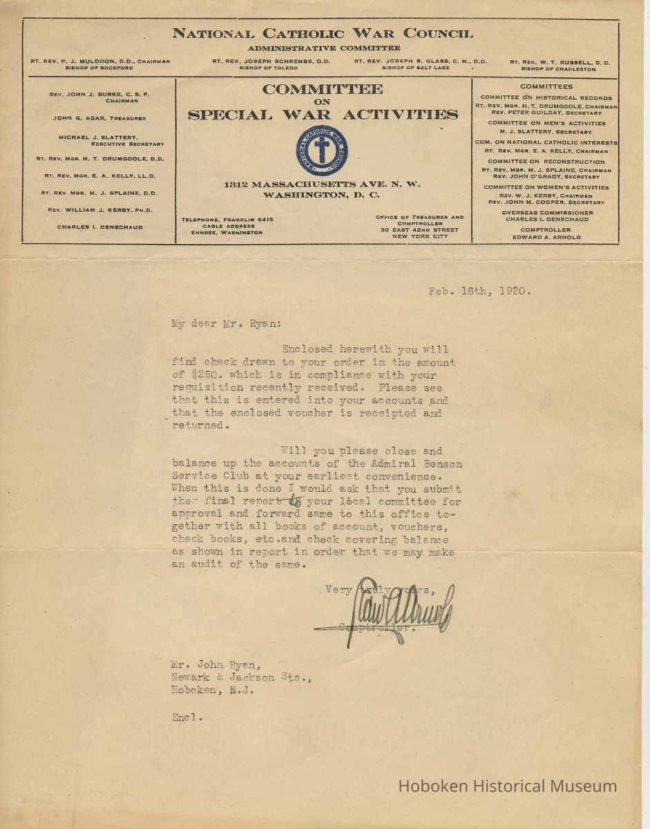 TLS from Edward Arnold, National Catholic War Council to John Ryan, Hoboken, Feb. 16, 1920, re monies related to Admiral Benson Service Club. picture number 1
