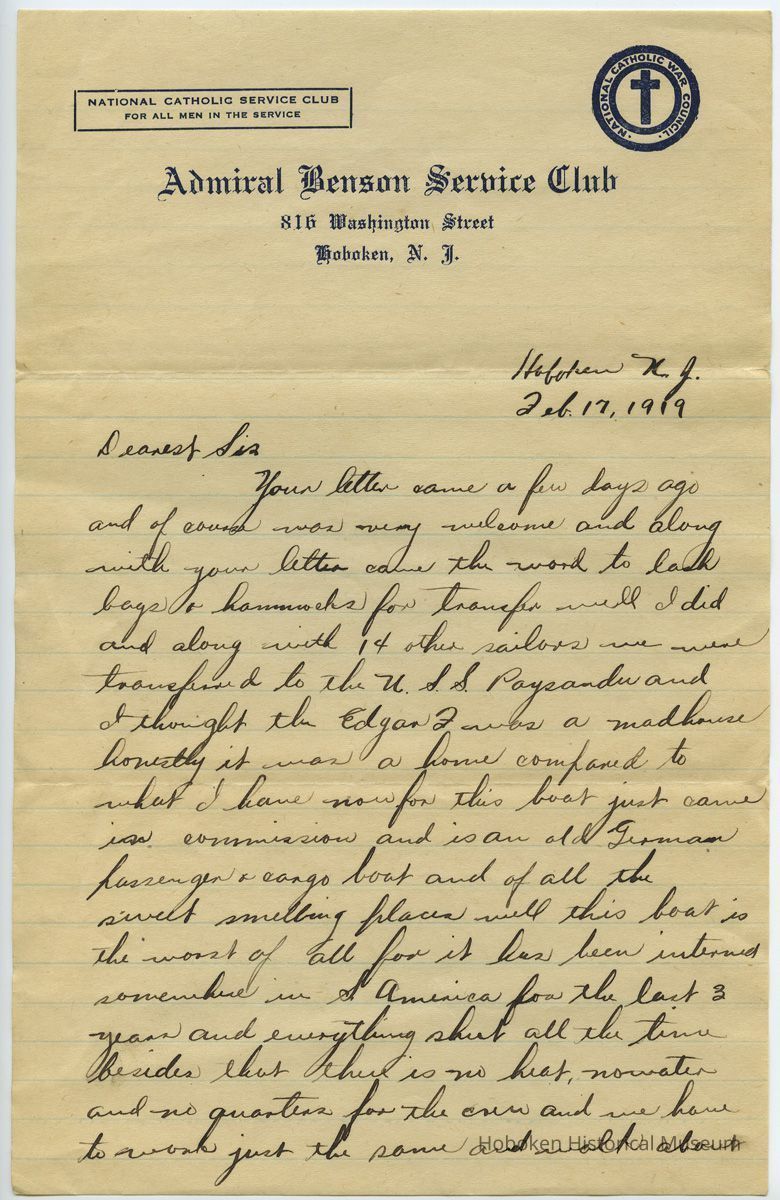 letter 1, pg [1]: Admiral Benson Service Club, Feb. 17, 1919