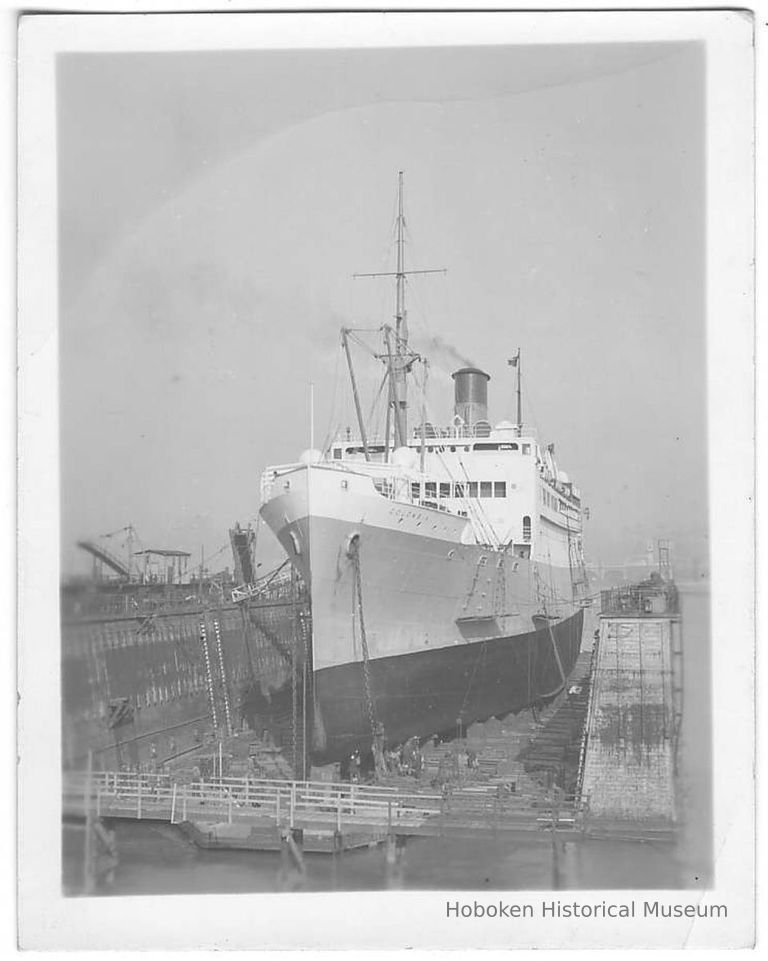 B+W photo of the S.S. Columbia in dry dock, Hoboken, no date, ca 1940. picture number 1