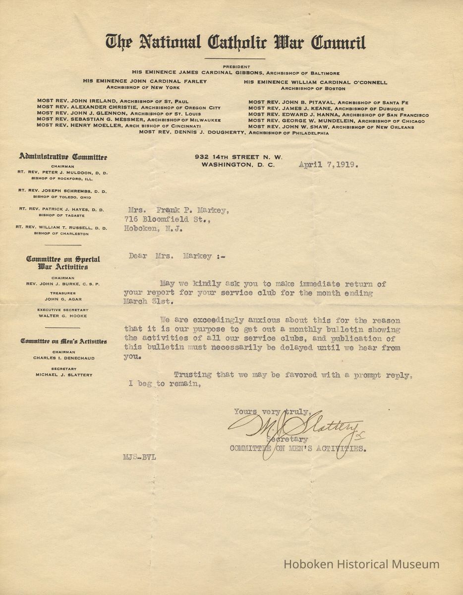 TLS from M.J. Slattery, National Catholic War Council to Mrs. [Mary H.] Markey, Hoboken, April 7, 1919 re Admiral Benson Club report. picture number 1