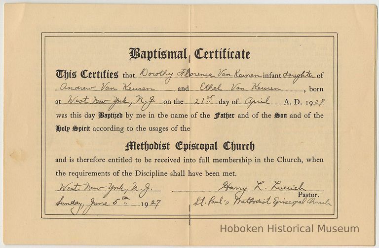 Baptism certificate for Dorothy Florence Van Keuren at St. Paul's Methodist Episcopal Church, W.N.Y., N.J., June 5, 1927. picture number 1