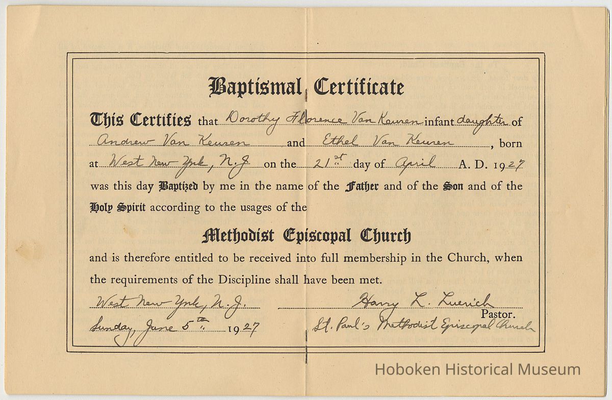 Baptism certificate for Dorothy Florence Van Keuren at St. Paul's Methodist Episcopal Church, W.N.Y., N.J., June 5, 1927. picture number 1