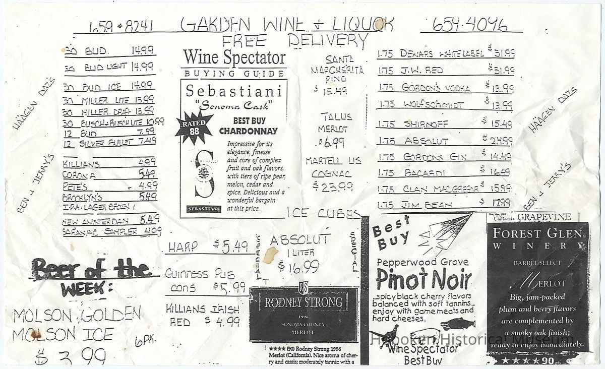 Handbill: Garden Wine & Liquor (700 Park Ave., Hoboken); n.d., ca. 1996-1997. picture number 1