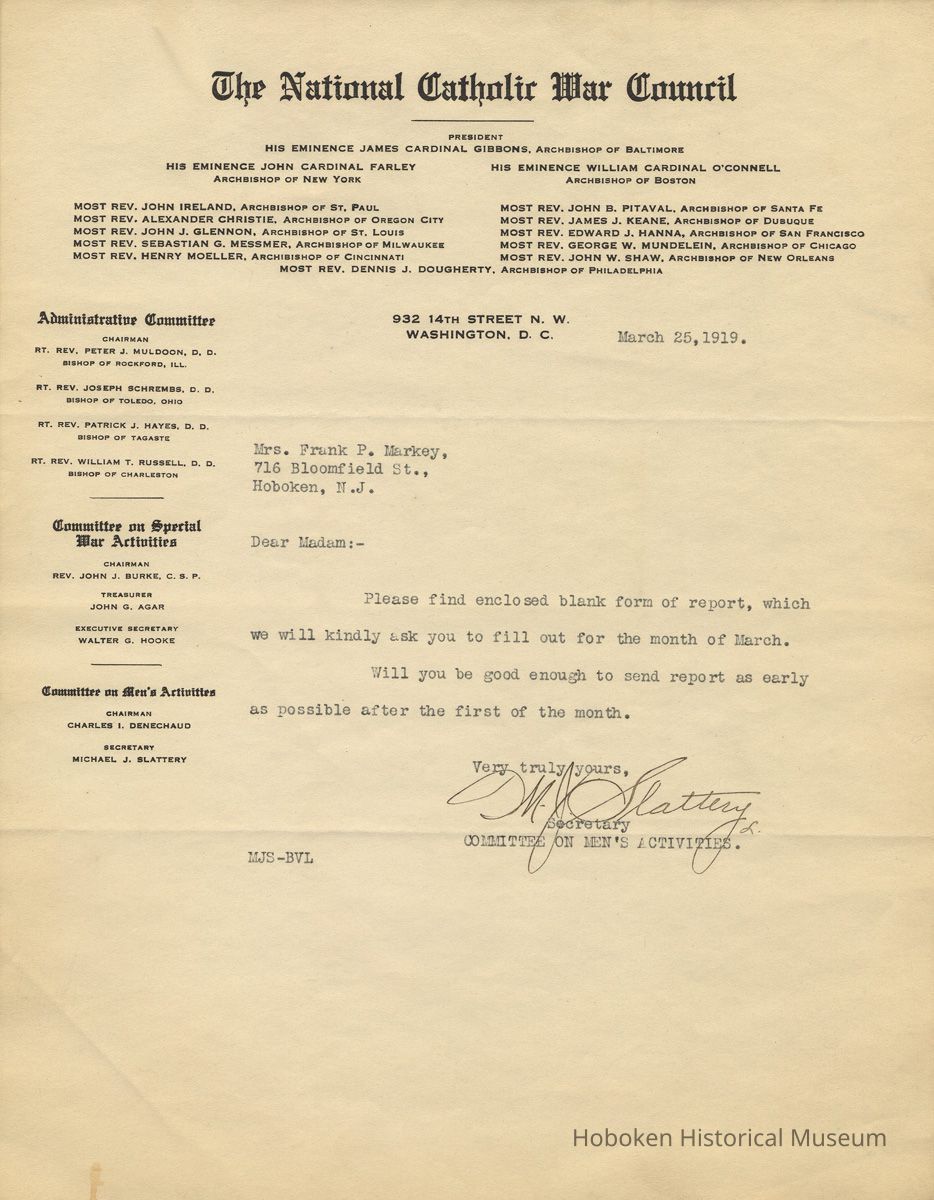 TLS to Mrs. Frank P. Markey (Mary H. Markey) re Admiral Benson Club, Hoboken, March 25, 1919. picture number 1