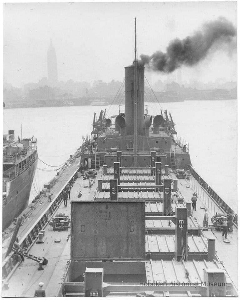 B+W photo of the main deck of an unknown cargo ship, Hoboken, June, 1941. picture number 1