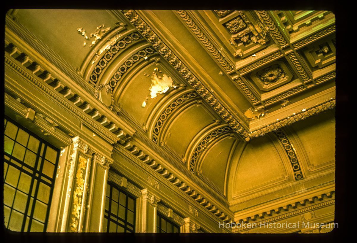 Color slide of interior detail view of the Lackawanna Terminal waiting room ceiling picture number 1