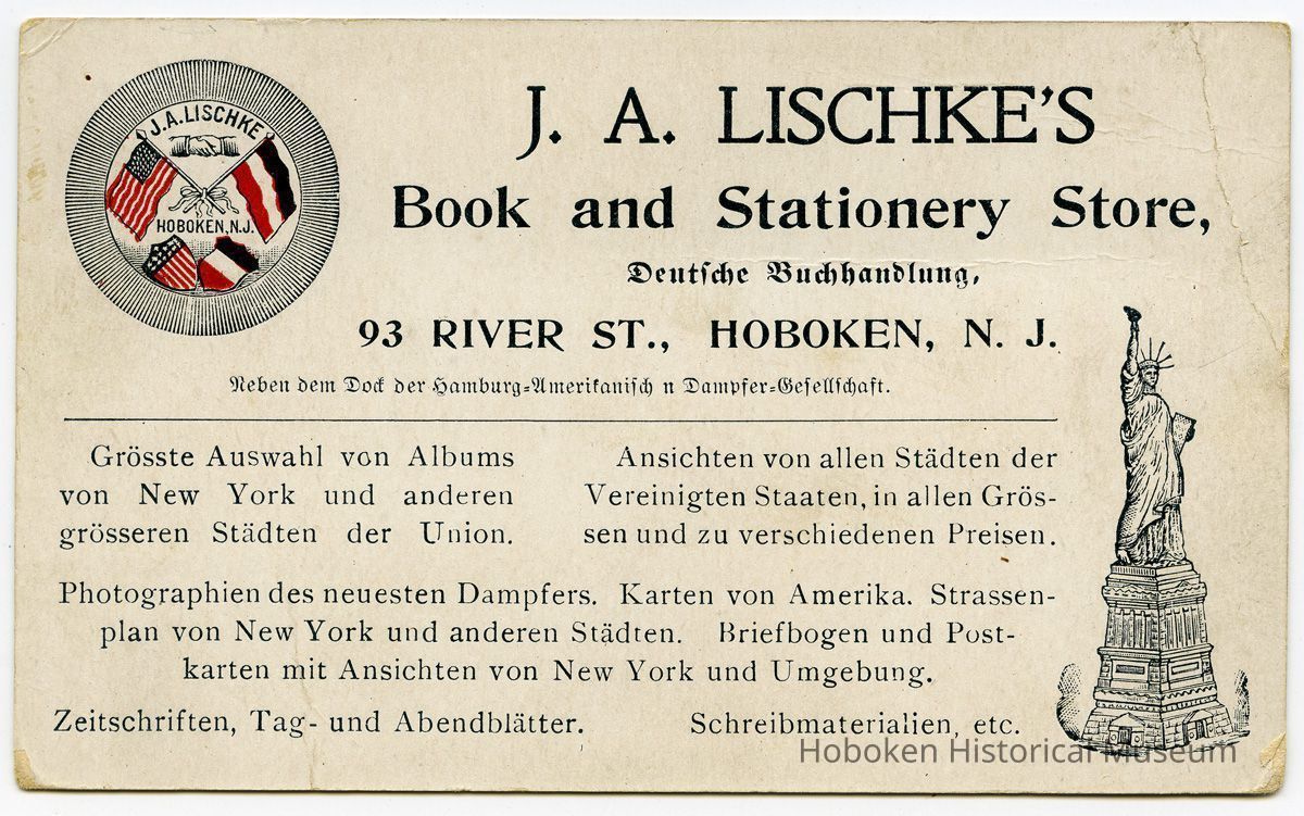 trade card: J. A. Lischeke's Book & Stationery Store