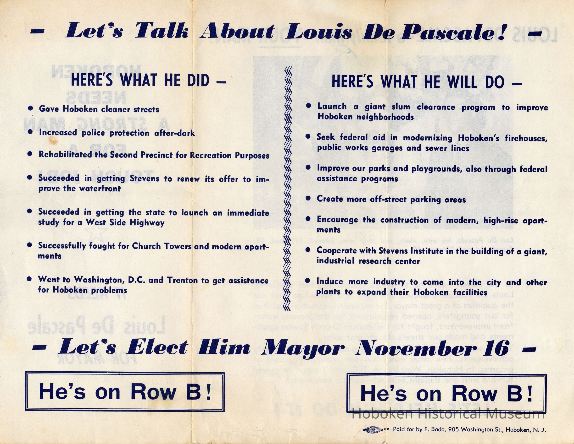 Digital image of political brochure for mayoral candidate Louis DePascale, Hoboken, [1965]. picture number 1