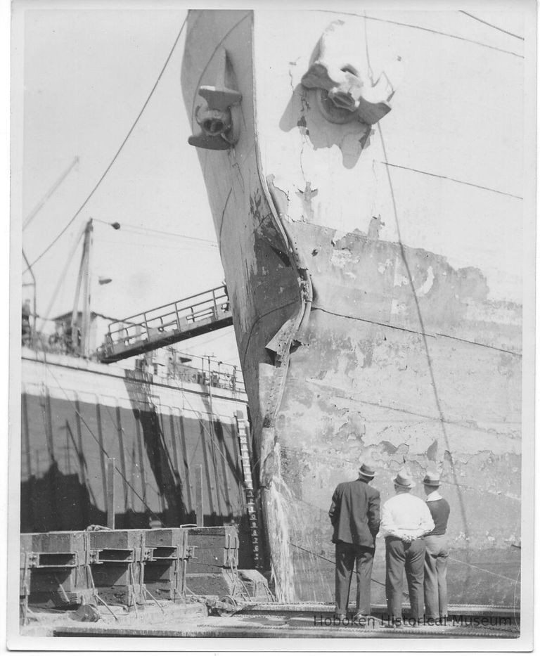 B+W photo of bow damage to the S.S. Delisle in dry dock, Hoboken, no date, ca. 1940. picture number 1