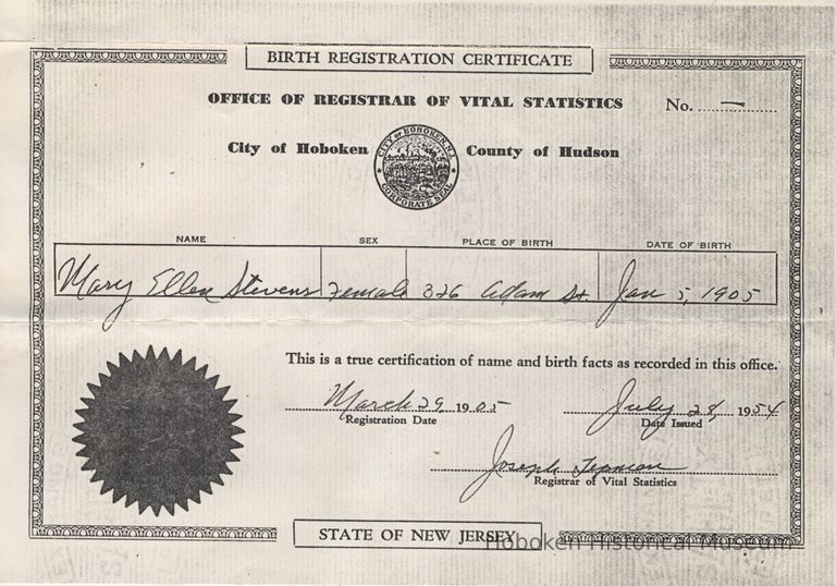 Birth registration certificate of Mary Ellen Stevens issued Hoboken, July 28, 1954. picture number 1