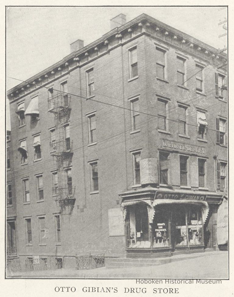 Printed B+W photograph of Otto Gibian Pharmacy, 425 Washington Street, Hoboken, ca. 1902-1908. picture number 1