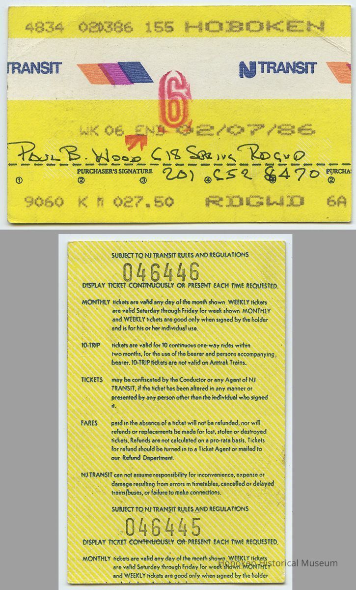 ticket, NJ Transit weekly commutation, week 6, ending 2/7/1986