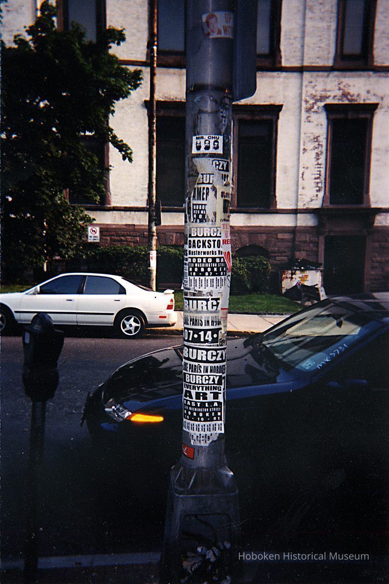 Digital image: Light pole on south side of Newark St. between Washington and Bloomfield Streets with Burczy posters, Hoboken, [2001]. picture number 1