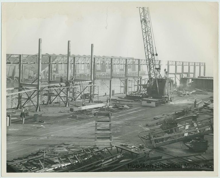 B+W photo of the reconstruction and extension of Pier 15 at the Bethlehem Steel Shipyard, Hoboken Division, Dec. 31, 1957. picture number 1