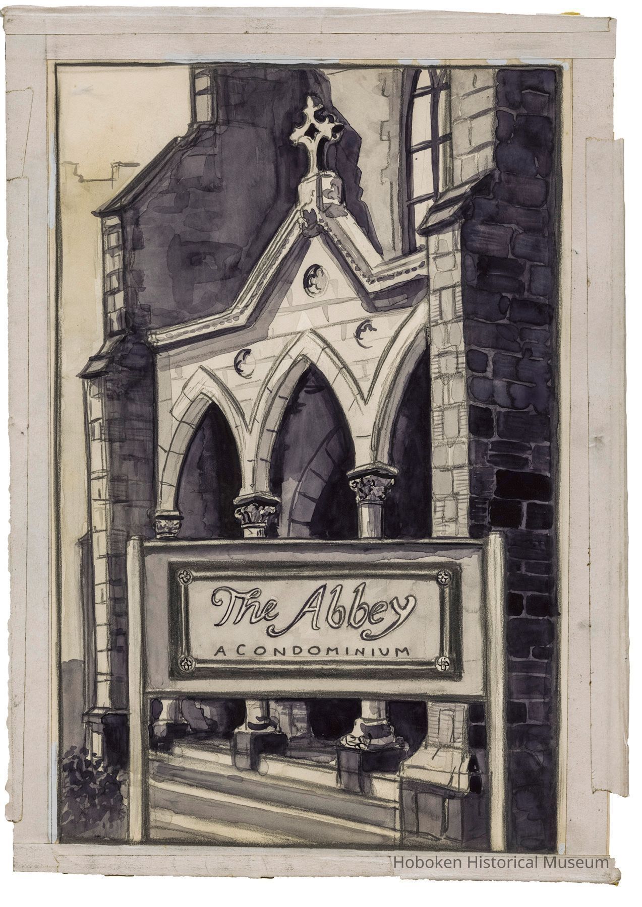 Greyscale Illustration of The Abbey, by Kevin McCloskey, circa 1986 picture number 1