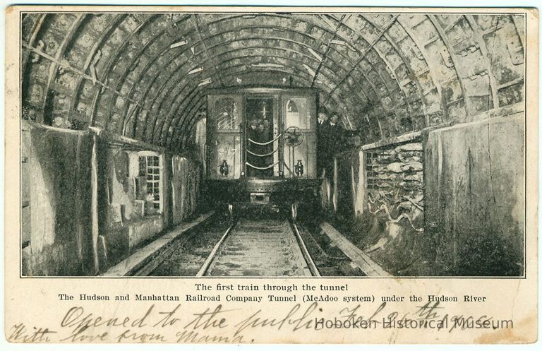 Digital image of Hudson & Manhattan R.R. postcard titled: The first train through the tunnel. 1908. picture number 1