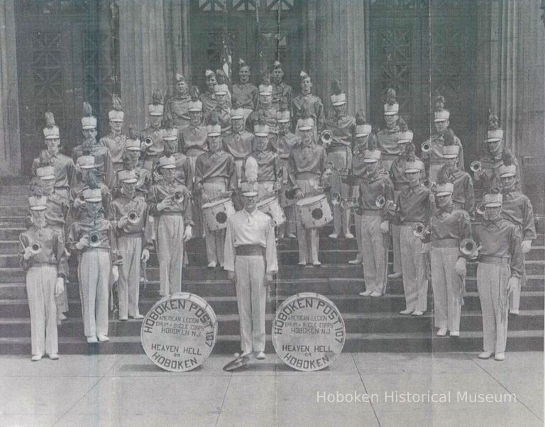 B+W photocopy of an image of American Legion Drum & Bugle Corps, Hoboken Post 107, on the steps Demarest High School, Hoboken, no date, ca. 1940-1950. picture number 1