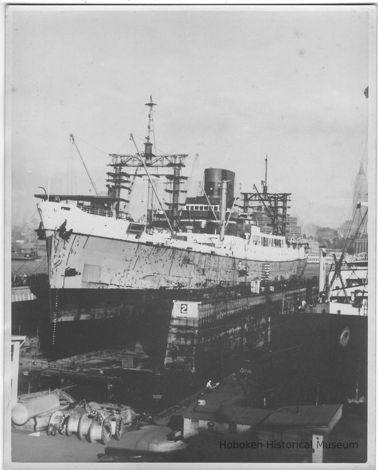 B+W photo of an unknown freighter ship in dry dock no. 2, Hoboken, no date, ca. 1940. picture number 1