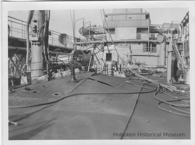 B+W photo of deck damage to an unknown ship, Hoboken, no date, ca. 1940. picture number 1