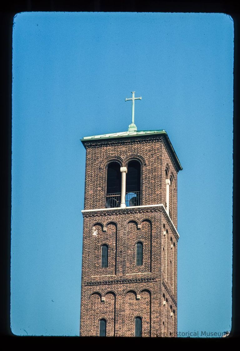 Color slide of detail view of the bell tower of Saints Peter & Paul Catholic church on the corner of Court and 4th picture number 1