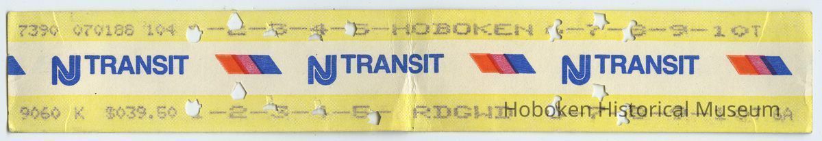 ticket, NJ Transit 10-trip commutation, purchased July 1, 1988