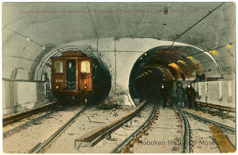 Digital image of Hudson & Manhattan R.R. postcard titled: View in the Hudson & Manhattan R.R. Company's Tunnel under the Hudson River. No date, ca. 19 picture number 1