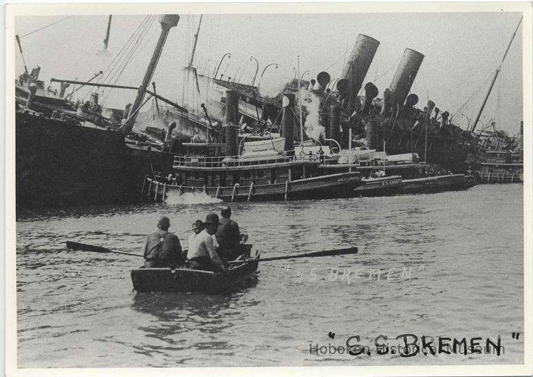 B+W copy photo of postcard, S.S. Bremen sinking at pier after June 30, 1900, Hoboken fire. picture number 1