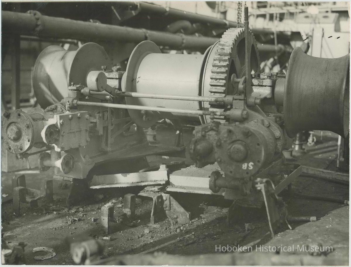 B+W photo of a deck winch on an unidentified vessel at the Bethlehem Steel Shipyard, no date, ca. 1940. picture number 1