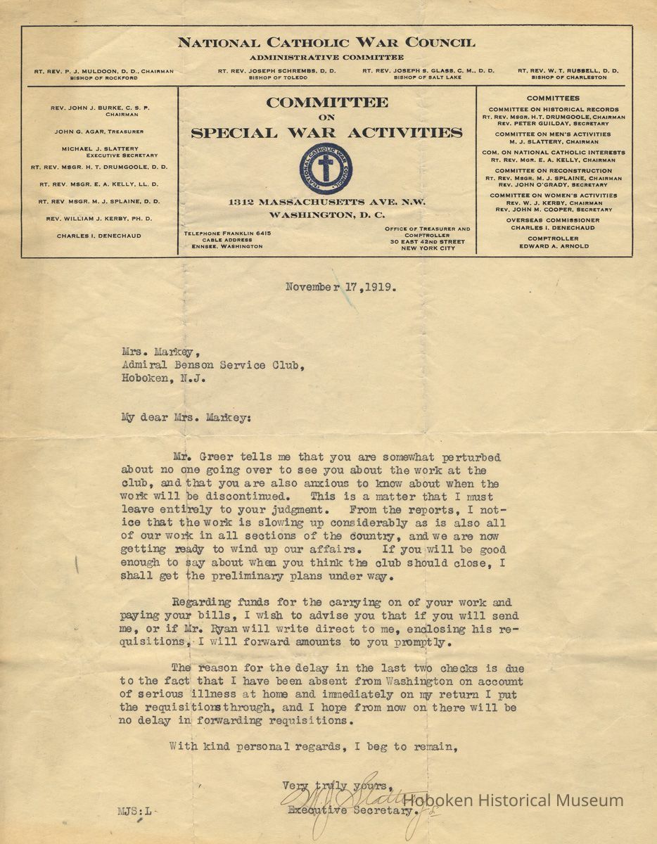 TLS from M. J. Slattery, National Catholic War Council to Mrs. [Mary H.] Markey, Admiral Benson Service Club, Hoboken, November 17, 1919 noting a problem & discussing planning for closing club along with financial needs. picture number 1