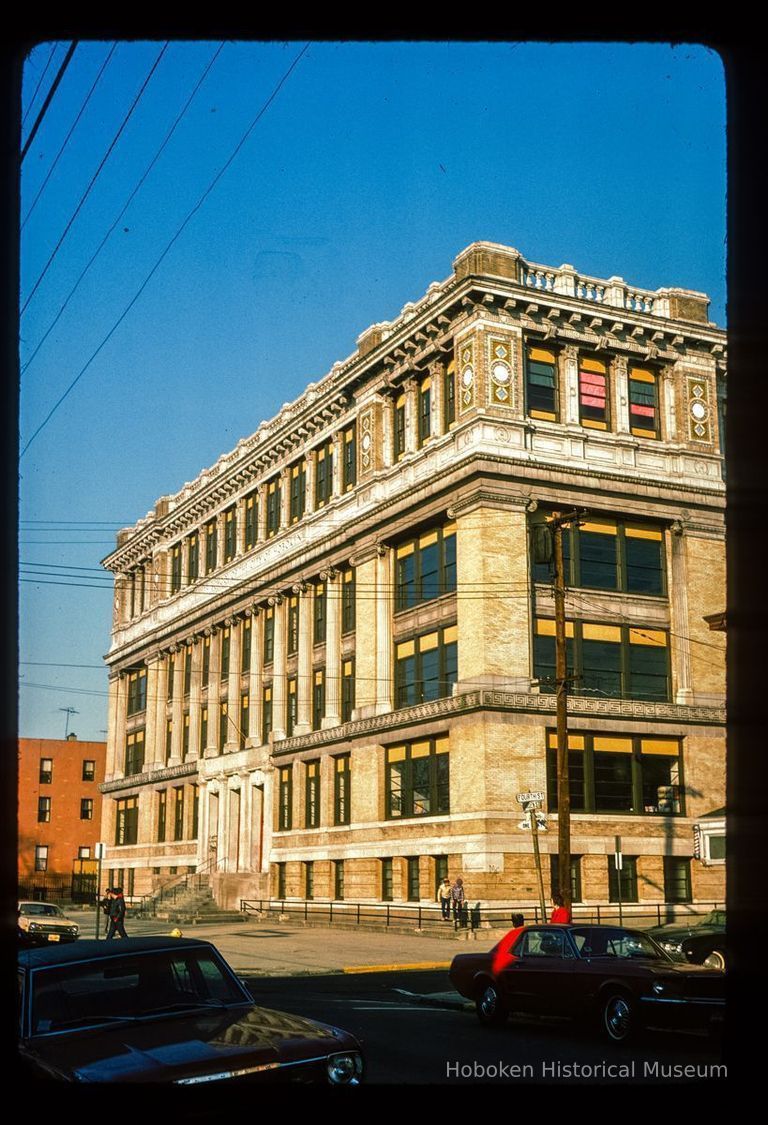 Color slide of eye-level view of the A.J. Demarest Junior High (Hoboken Middle School) façade at 158 4th on the NE corner with Garden picture number 1