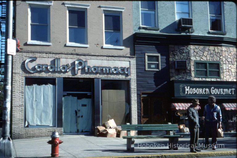 Color slide of the former Carollo's Pharmacy, 425 Washington St., corner of Fifth Street, Hoboken, November, 1983. picture number 1