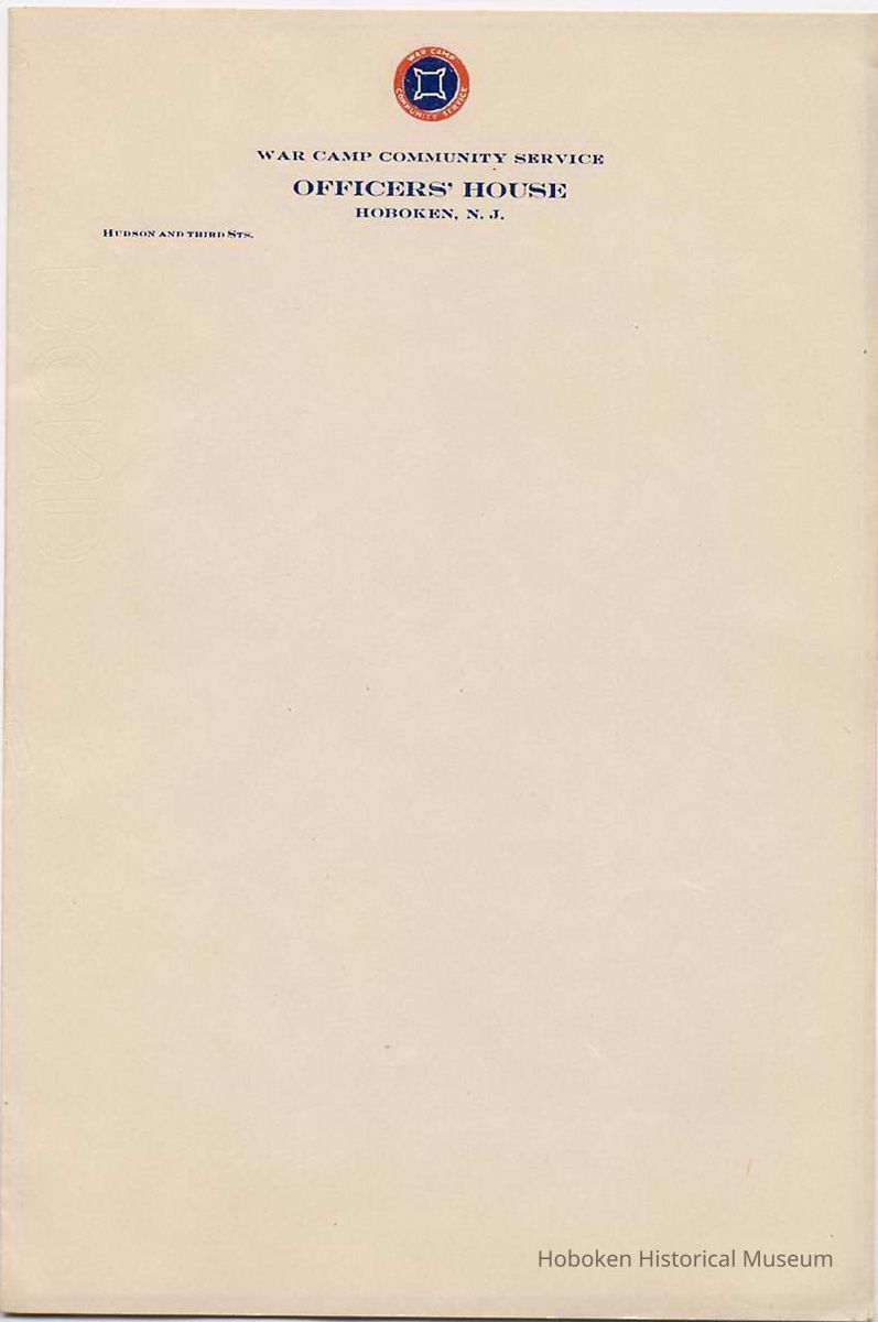 Letterhead of the War Camp Community Service, Officers' House, Hoboken, no date, ca. 1917-1919. picture number 1