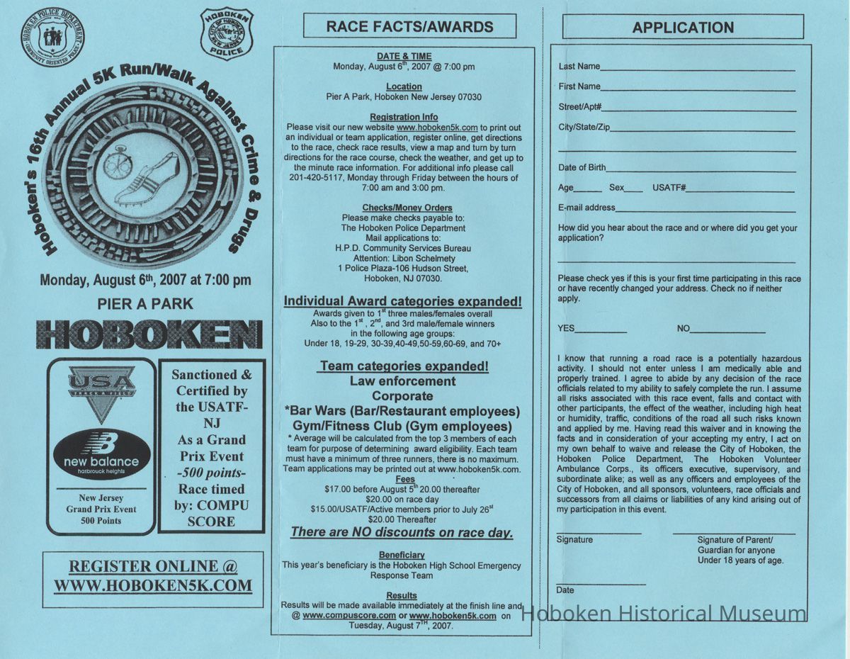 Flyer: Hoboken's 16th Annual 5K Run/Walk Against Crime & Drugs., August 6, 2007. picture number 1