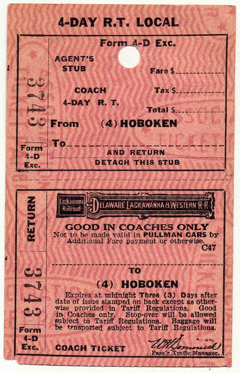 Ticket: 4-Day R.T. Local Coach between Hoboken and unnamed station; D.L. & W. R.R., n.d., ca. 1950-1960. picture number 1
