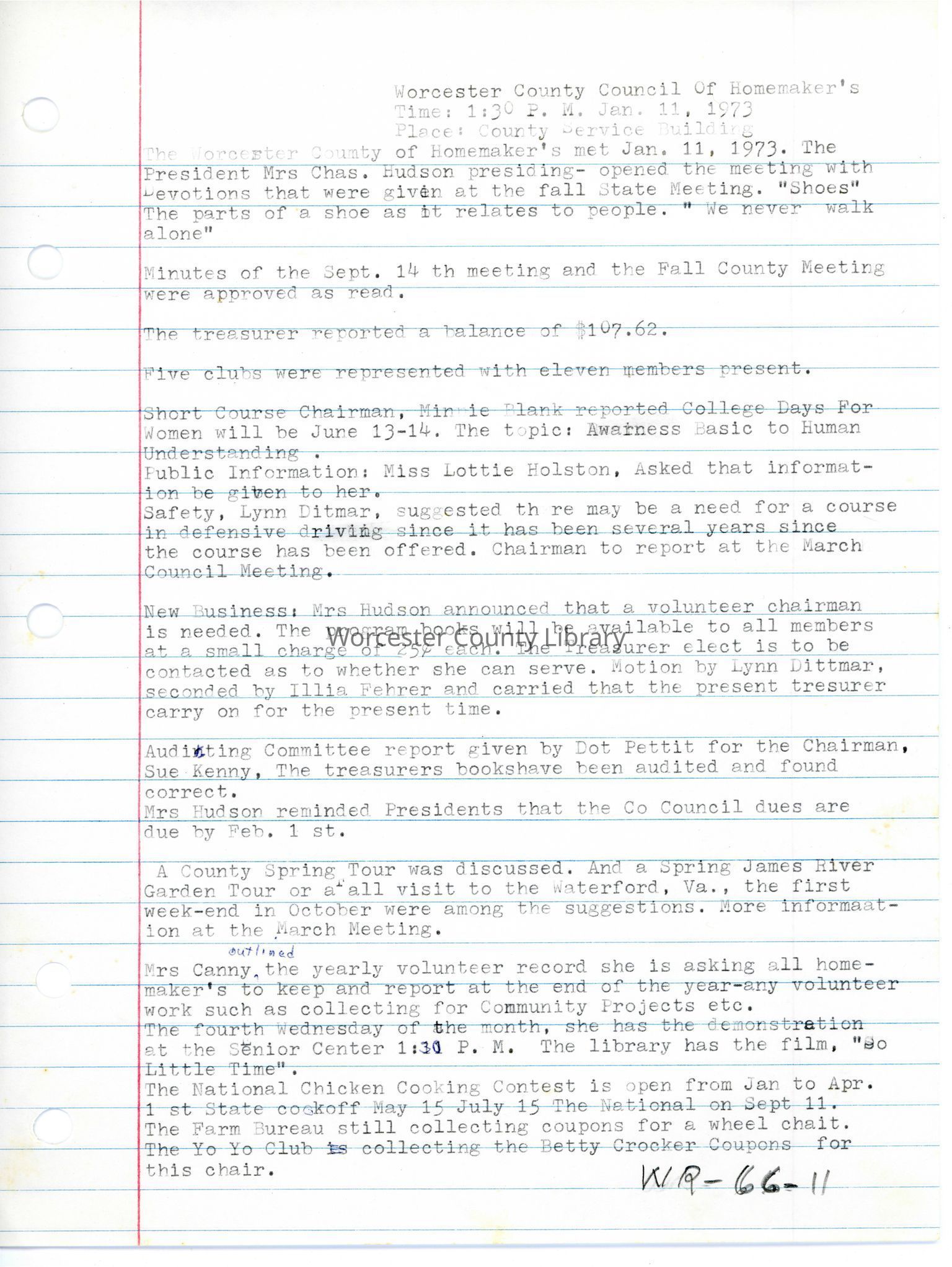 Worcester County Homemakers Clubs Records (WR 66)