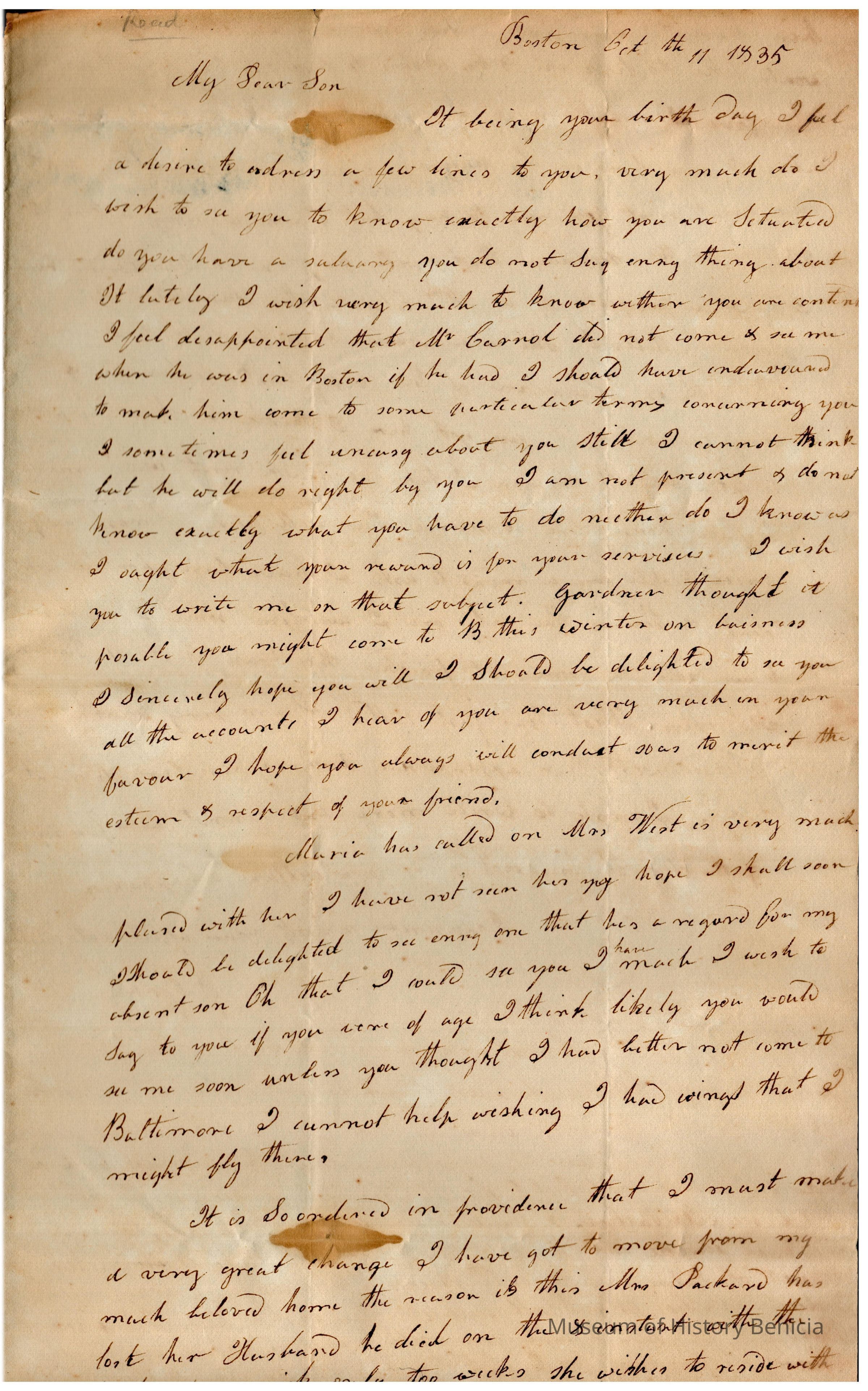 The image shows an old handwritten letter dated October 11, 1835, beginning with "My Dear Son" in cursive. The letter expresses sentiments about Samuel C Gray's birthday which is that day, a desire to know the son's current situation, and mentions Mr. Carrol, about how he pays Samuel for his work. The writer expresses hope for a visit, talks about Maria's visit, and discusses plans to make significant changes in their life due to a recent loss. The ink appears faded, and there is some discoloration.