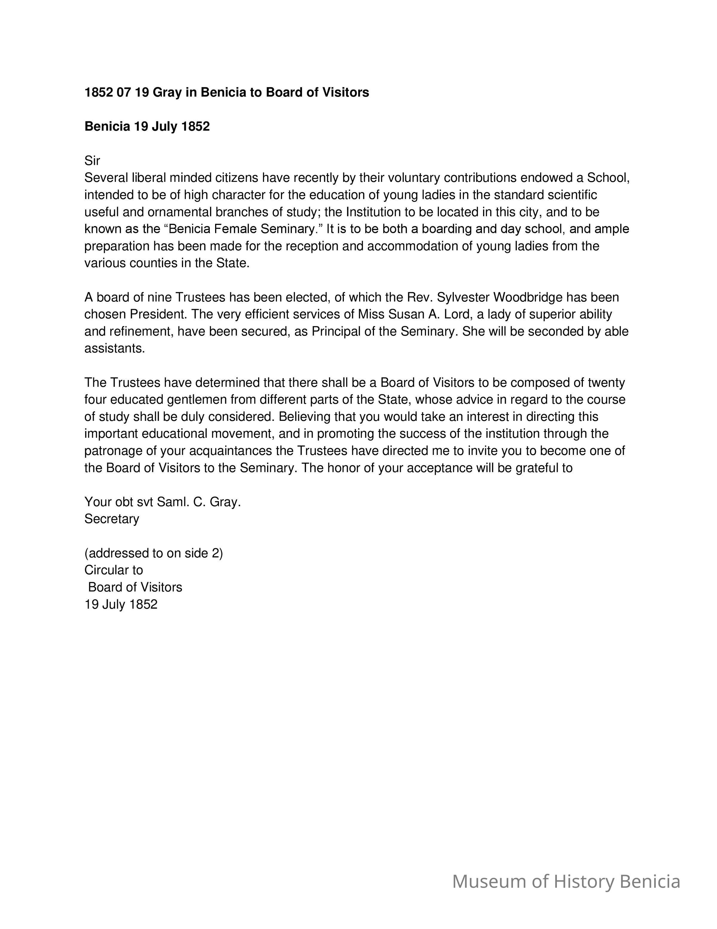 The image depicts an 1852 letter from Saml. C. Gray, the Secretary, inviting a recipient to join the Board of Visitors for the newly established Benicia Female Seminary, a school for young ladies in Benicia, California. The seminary is described as being of high character, focusing on both standard scientific educational branches and ornamental studies, planned to operate as a boarding and day school. The institution owes its founding to the contributions of liberal-minded citizens, with a board of nine trustees led