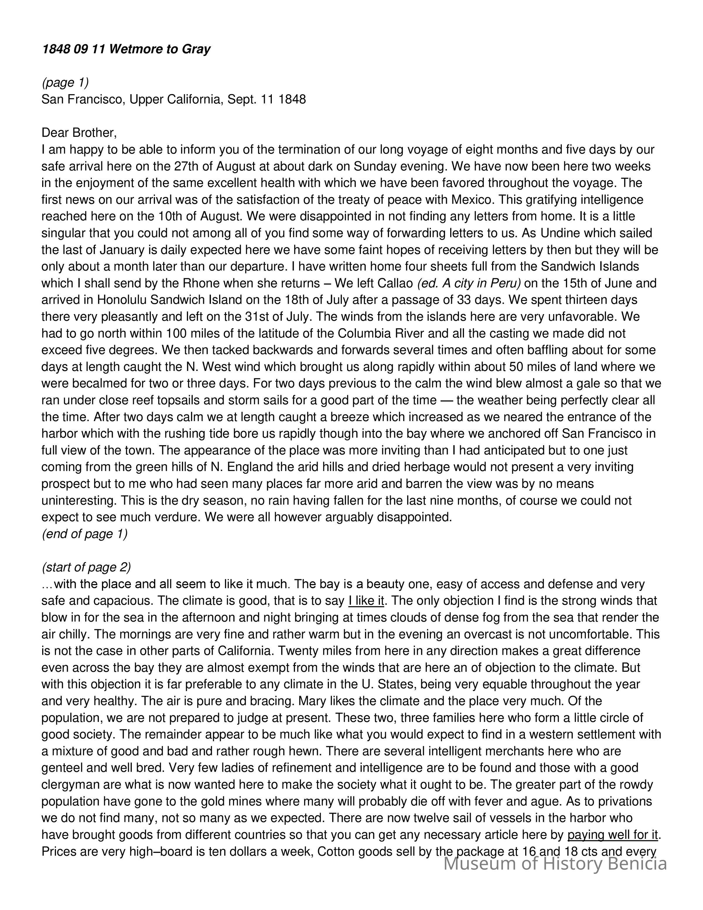 The image shows a scanned letter dated September 11, 1848, from San Francisco, describing the end of an eight-month voyage. The writer expresses disappointment at not finding letters from home but mentions favorable weather and a treaty with Mexico. The letter details their journey via Honolulu and sailing past the Columbia River. It describes San Francisco's landscape, climate, and population, noting differences from other parts of California. The bay is praised for its beauty and the thriving community presence, although not many gold seekers