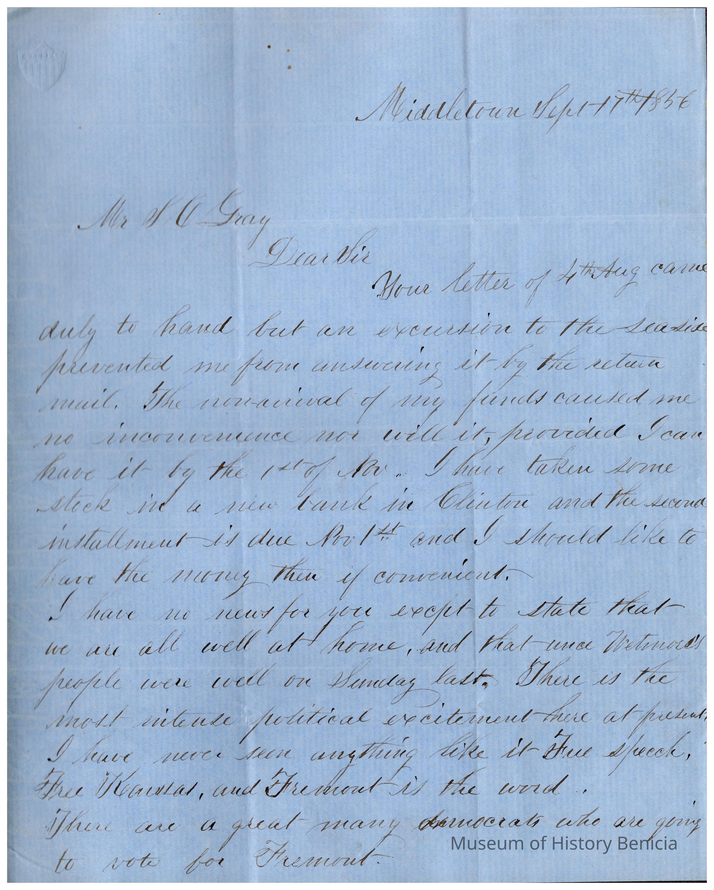 The image shows a letter dated September 17, 1856, written by Robert Hubbard to Samuel C. Gray. The letter, composed on blue stationery, begins with a salutation to Mr. S. C. Gray and a response to a previous correspondence dated August. Hubbard mentions an excursion to the seaside that delayed his reply and speaks about the non-arrival of funds, though he anticipates no inconvenience as long as the funds are available by November 1. He mentions investing in stock in a new bank in Clinton and a second installment due in November. Hubbard notes the health of his family, provides updates on recent news, and comments on intense political excitement, mentioning well-known contemporary figures such as Fillmore and Fremont, highlighting political dynamics of the time.
