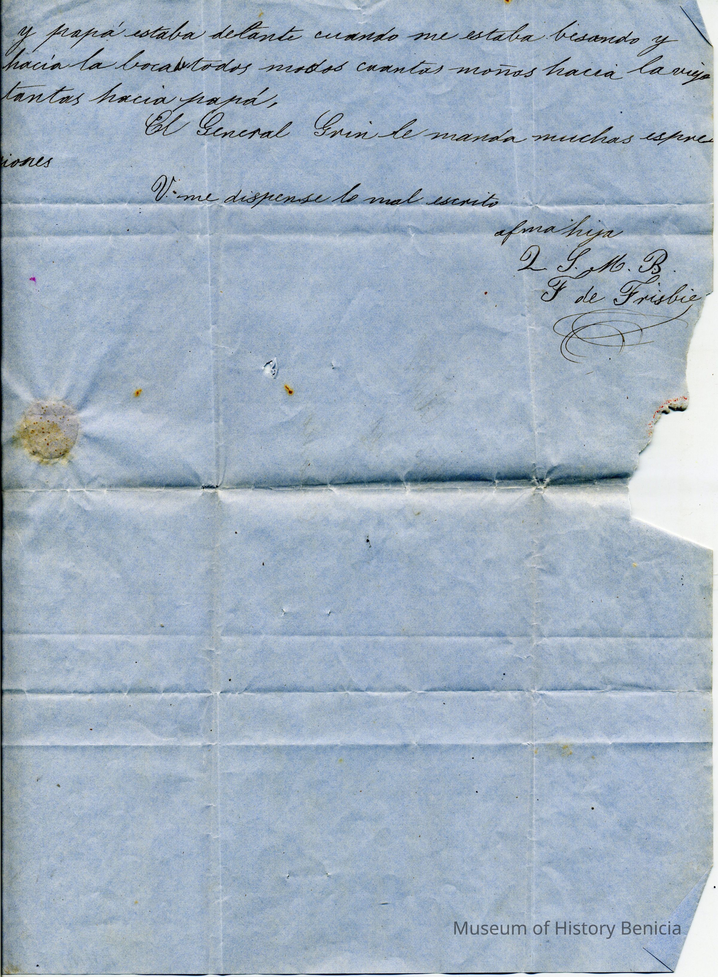 The image shows an old letter dated 05/19/1851, written on a bluish sheet of paper. The text is in Spanish, and written in cursive handwriting, exhibiting a style typical of the 19th century. The paper appears aged and has visible folds and some minor stains. The edges are slightly torn and worn, indicating the passage of time. The letter closes with the words "aprabija" and signatures, followed by decorative flourishes, which add a personal touch to the correspondence. This historical document reflects communication practices of the past, providing a window into the social customs of that era.