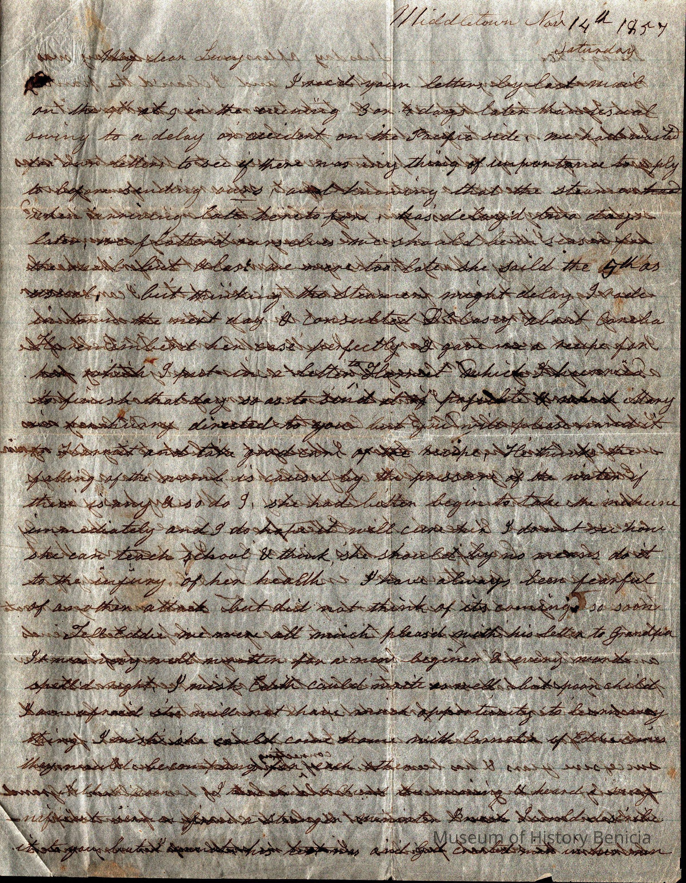 The image displays an old handwritten letter dated November 14, 1854, from Samuel Gray to his wife Lucy. The letter is penned in a cursive style typical of the mid-19th century, using dark ink that has slightly faded over time. The paper appears to be aged, with visible wear and creases. The text is densely packed, covering the entirety of the page with little margin space, suggesting a lot of content written in a small area. Although the handwriting is legible, the script is ornate and may require effort to decipher fully due to the cursive script and historic writing style.