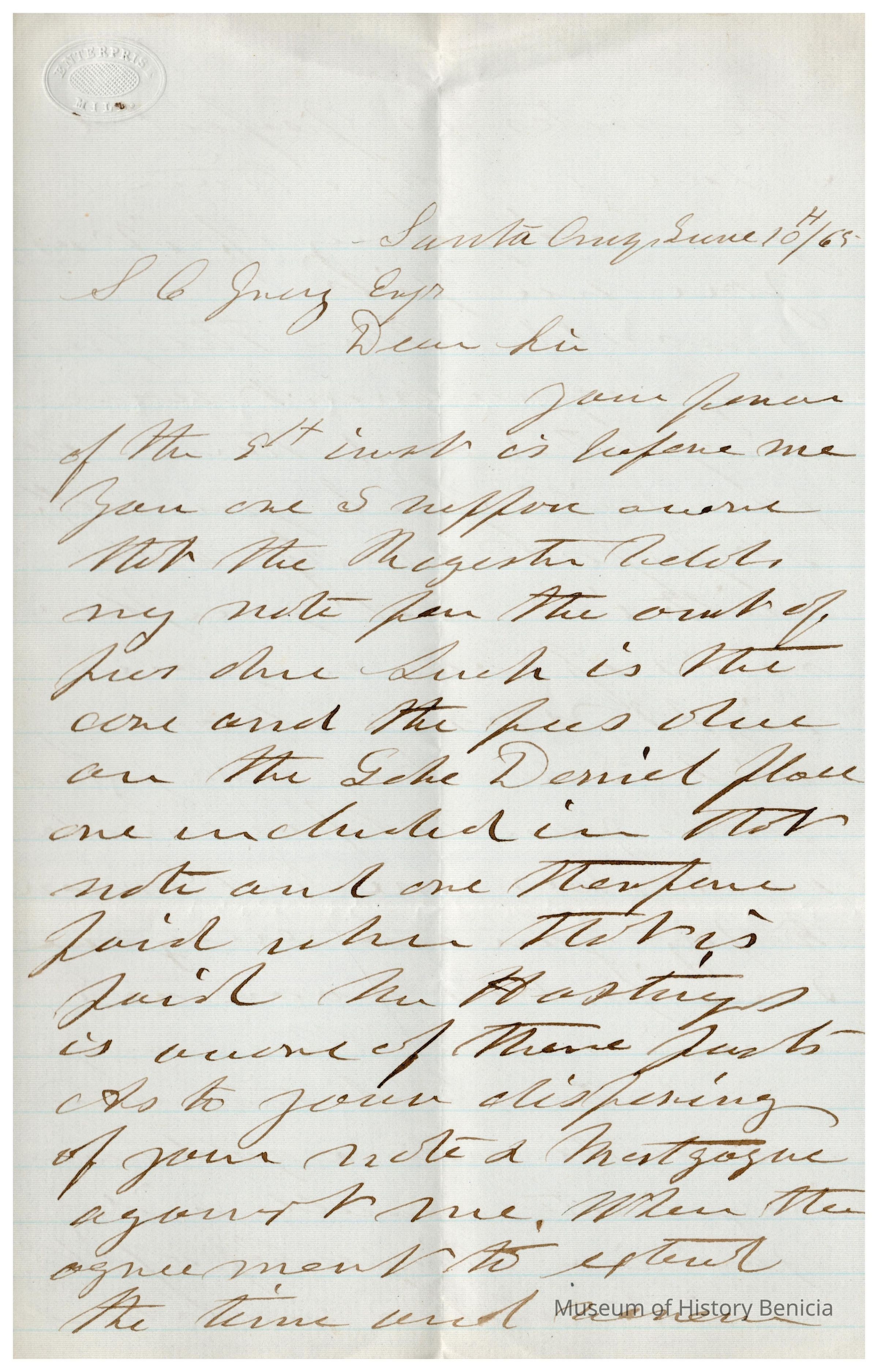 The image displays a handwritten letter dated June 10, 1865, from Dr. W. F. Peabody to Mr. Samuel Gray. The letter is written on lined paper with a watermark reading "Enterprise" at the top left corner. In the letter, Dr. Peabody addresses Mr. Gray regarding a financial matter, specifically concerning a note and mortgage related to the ???? Daniel property. Dr. Peabody mentions having received a letter from Mr. Gray and discusses the specifics of fees owed, the agreement, and payments. The handwriting is cursive and fills the page, with Dr. Peabody consistently addressing the obligations and details associated with the financial dealings between them.