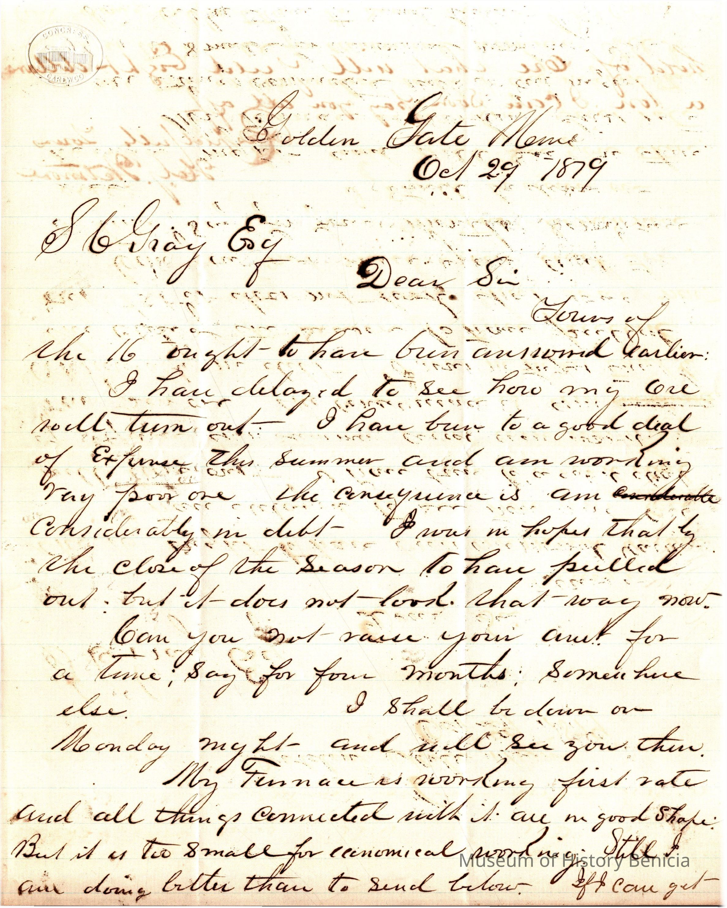 The image depicts an old handwritten letter dated October 29, 1879, from Henry Wetmore to his brother-in-law, Samuel Gray. The letter is composed in cursive script on a piece of lined paper, and it begins with the salutation "Dear Sir." The text reveals Henry's updates on personal matters, including financial issues and work-related developments. There are ink smudges and slight discolorations typical of aged documents. The page has an embossed stamp in the upper left corner, possibly indicating authenticity or origin. Overall, the letter offers a glimpse into the everyday concerns and correspondence style of the late 19th century.