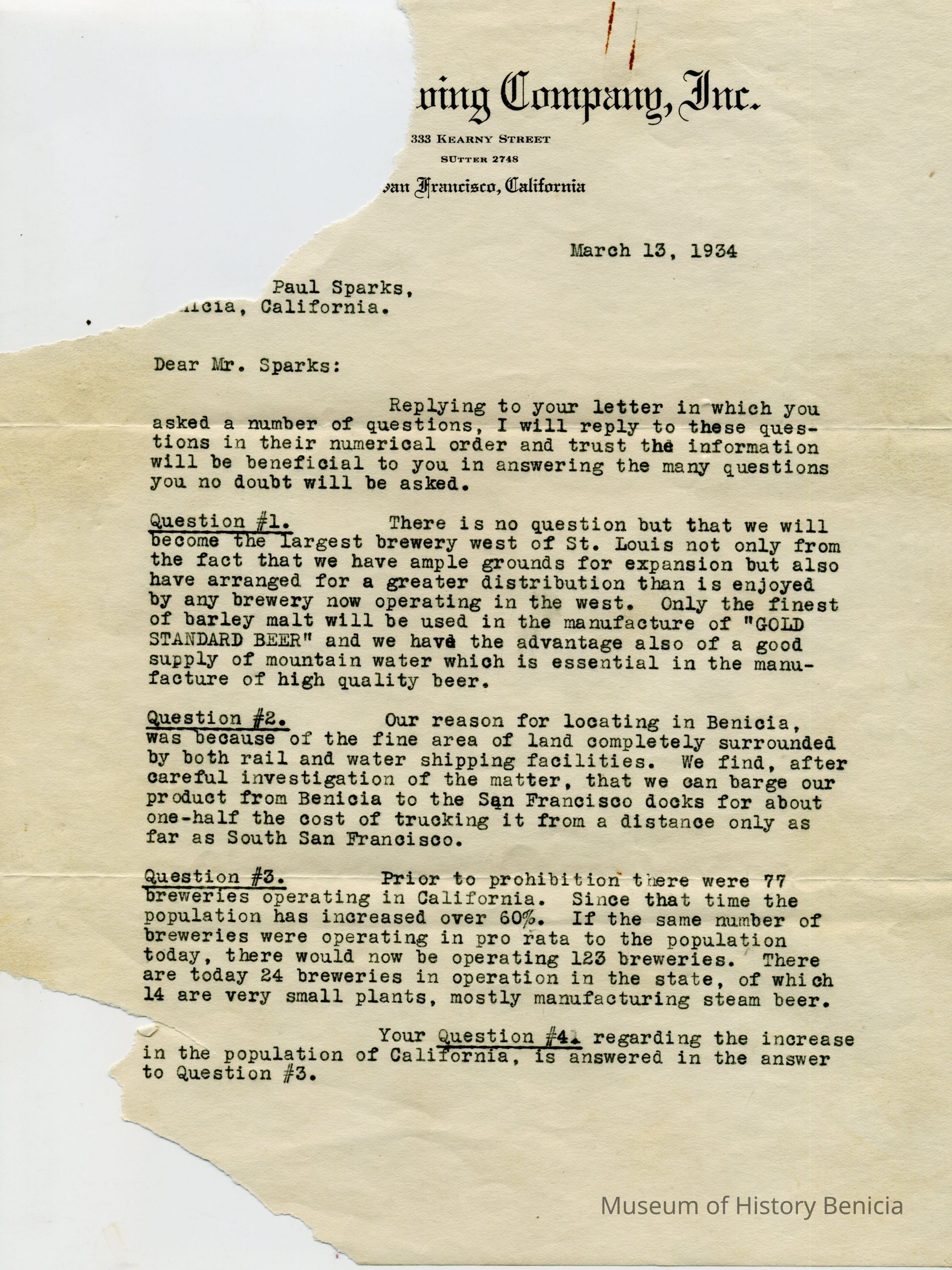 Benicia Brewing letter page 1: The image shows a typewritten letter on letterhead from a brewing company in San Francisco, dated March 13, 1934, addressed to Mr. Paul Sparks in Benicia, California. The letter discusses a proposed brewery in Benicia, aiming to become the largest west of St. Louis, emphasizing ample expansion grounds, a superb mountain water supply, and excellent shipping logistics. It notes their strategic choice of Benicia due to cost-effective transportation to San Francisco docks. The letter refers to the pre-prohibition era, mentioning how the number of breweries could have grown in proportion to California’s population increase. It concludes with the discussion on California's population growth addressed in their answers.