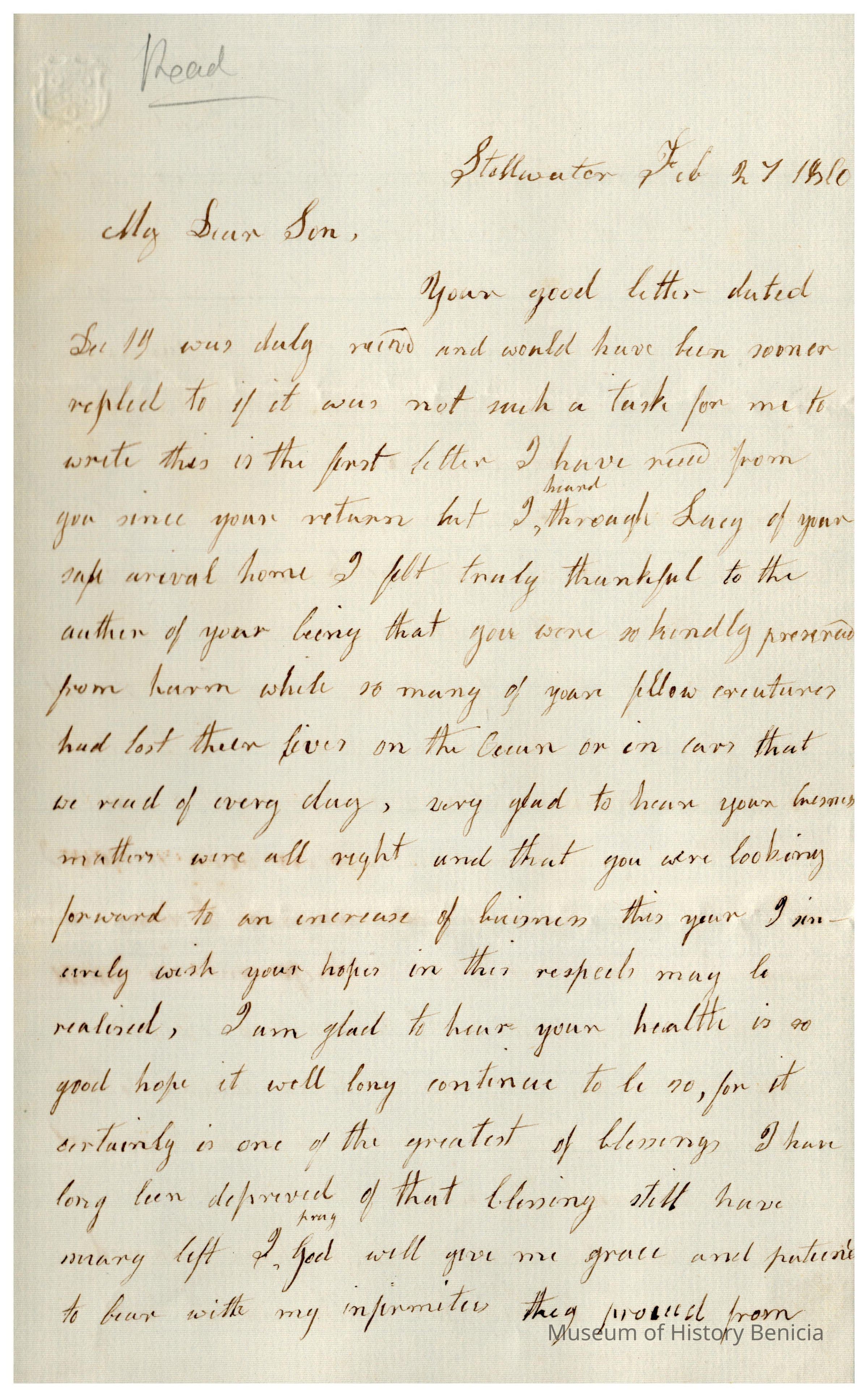 The image shows a handwritten letter dated February 27, 1860, addressed to "My Dear Son" from his mother expressing gratitude for the son's safe return home despite many lives lost at sea, and relief that business matters are well, hoping for increased business success. Joanna conveys happiness about the recipient's good health, acknowledging it as one of the greatest blessings and expressing a wish for its continuation. The letter is written in elegant cursive handwriting.