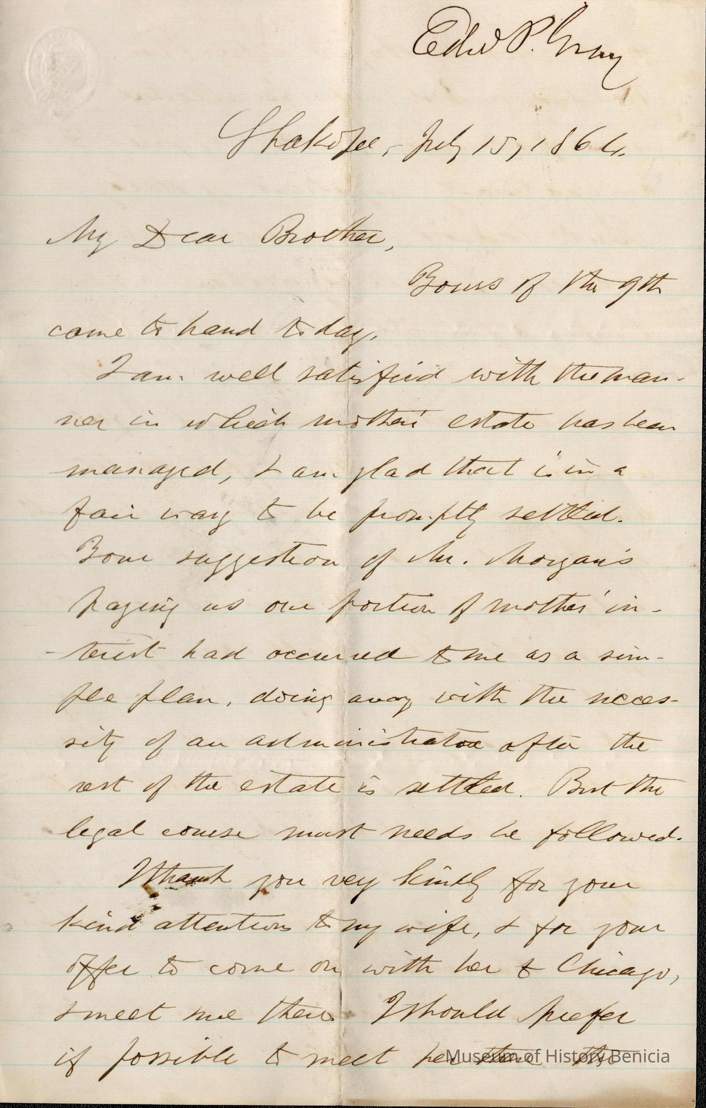 The image displays a handwritten letter dated July 15, 1866, from Edward Gray to his brother, Samuel Gray. Composed on lined paper, the letter begins with a salutation, "My Dear Brother," and discusses financial or estate matters, indicating Edward's satisfaction with the management of their mother's estate. The letter notes a suggestion involving Mr. Morgan and mentions legal steps regarding a portion of the estate. Edward also expresses gratitude for Samuel's attentiveness to his wife and considers traveling to Chicago to meet her. The handwriting is cursive, and Edward's signature appears at the top right of the page.