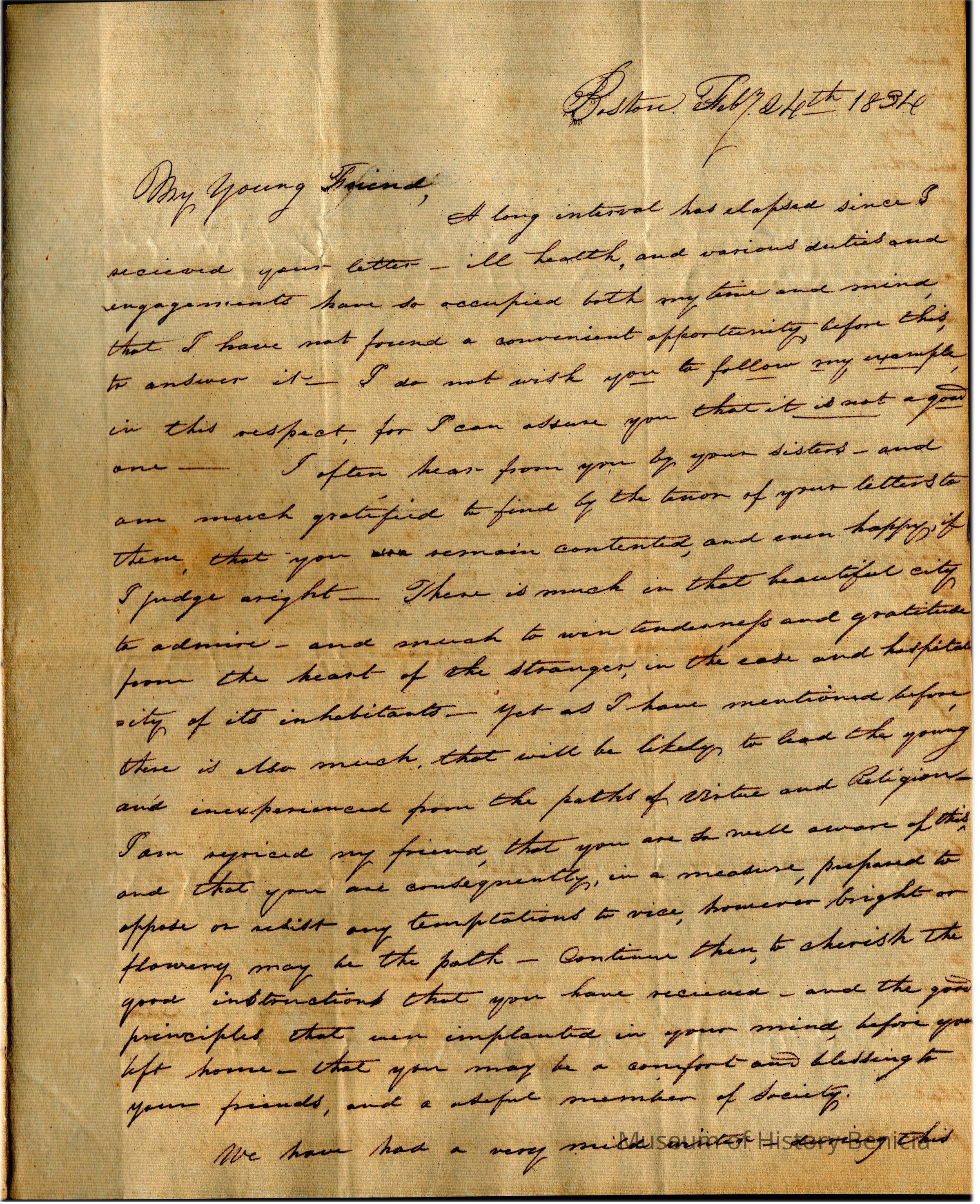 The image depicts a handwritten letter dated February 24th, 1834, which begins with "My Young Friend" and discusses Mary Francis Dean's delayed response due to health and various engagements. The letter expresses a wish to maintain correspondence and mentions gratitude upon hearing updates about Samuel Gray through his sister. It praises the charm of the city of Baltimore while cautioning against potential distractions, possibly alluding to remaining focused on moral and religious principles. The letter writer encourages Samuel to cherish the lessons learned at home.